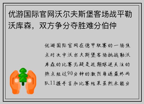 优游国际官网沃尔夫斯堡客场战平勒沃库森，双方争分夺胜难分伯仲